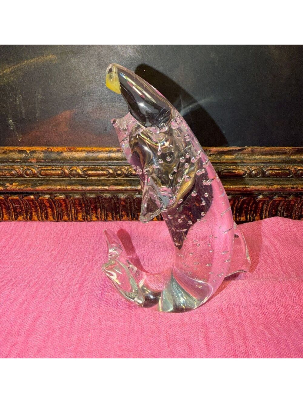 FIGURINE Vintage Clear Glass Dolphin Figurine with Air Bubble Design